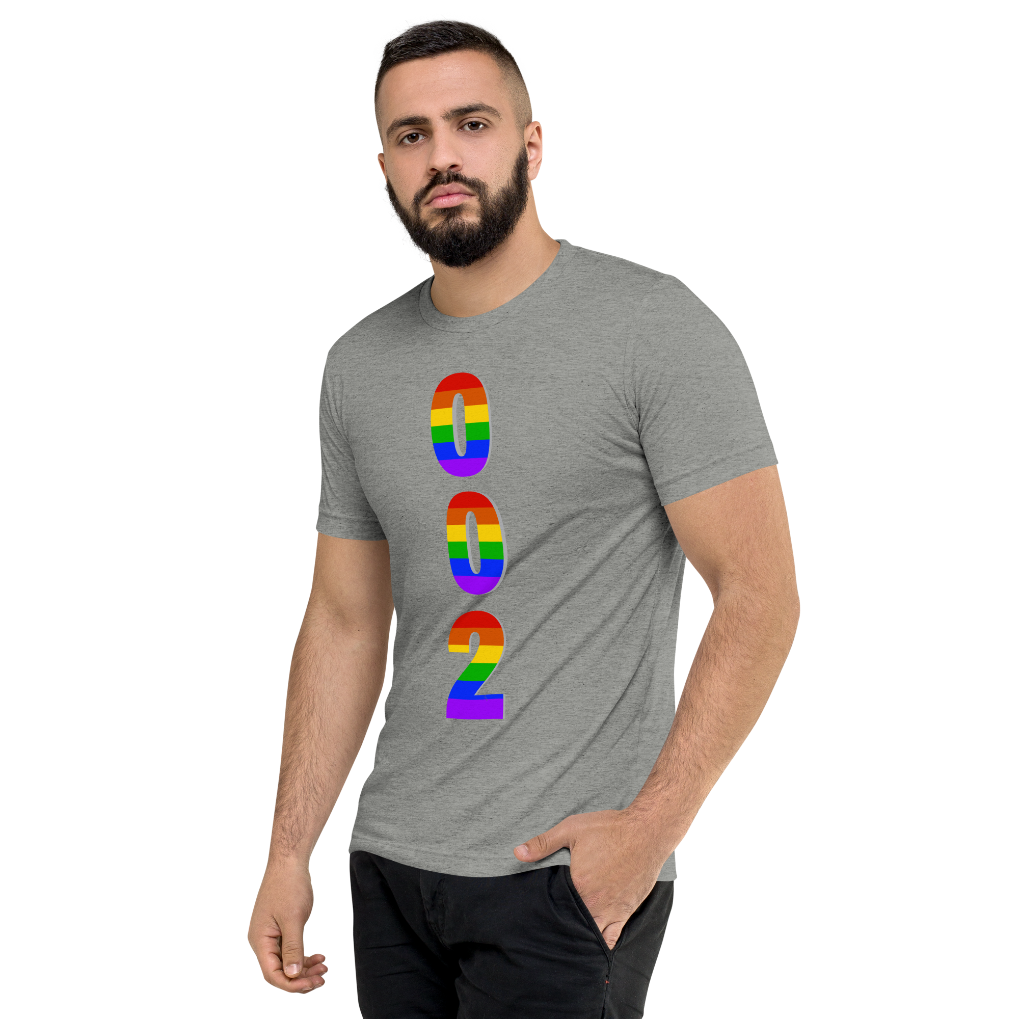 Unisex Pickleball Pride T-Shirt by PeaMac Pickleball Tees in athletic grey with LGBTQ2 rainbow graphic on front.