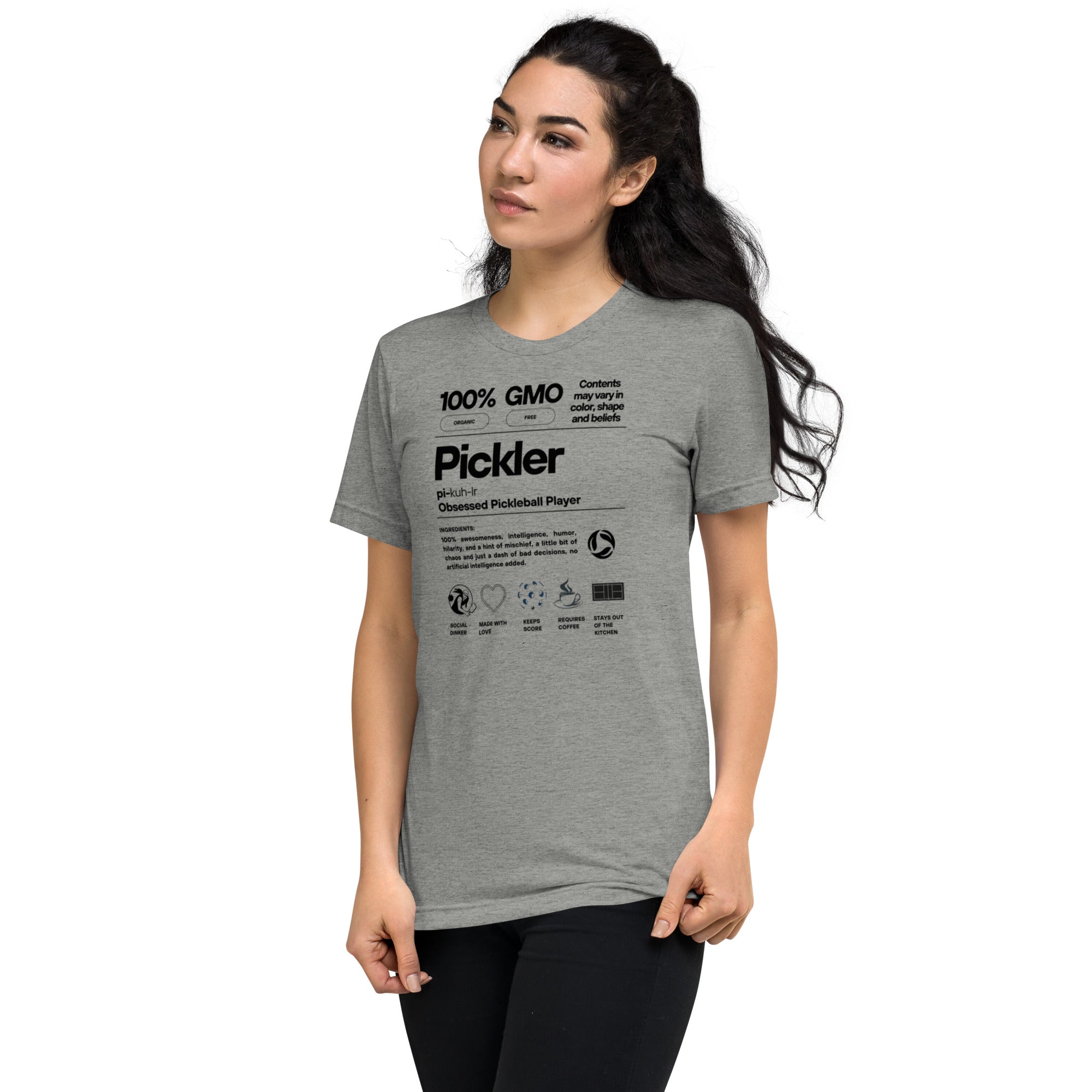 Women's Pickler Funny Definitions T-Shirt by PeaMac Pickleball Tees, lightweight athletic grey tri-blend fabric with white text, left front view.