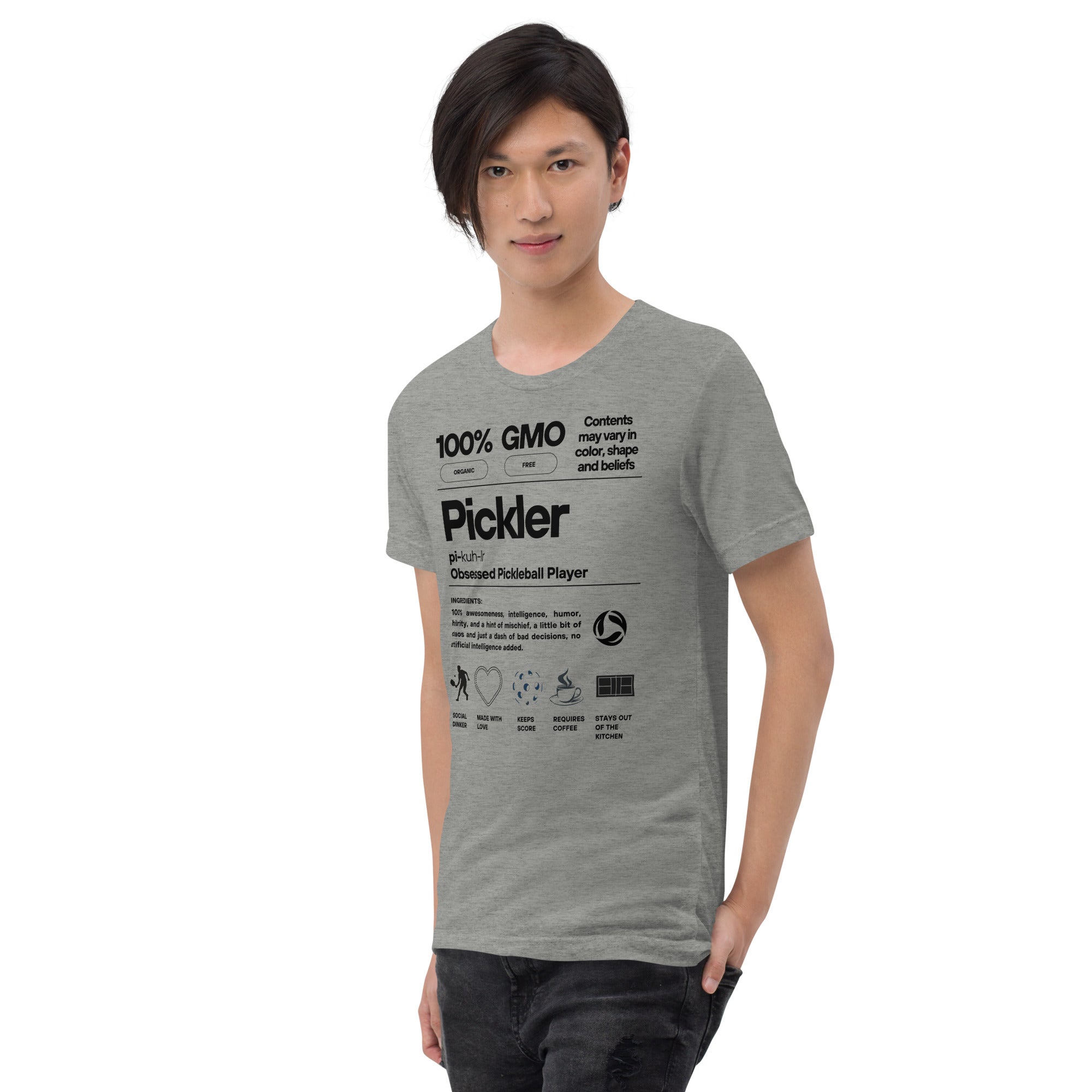 Men's Pickler Funny Definitions T-Shirt by PeaMac Pickleball Tees, athletic grey tri-blend fabric, unisex fit, left-front view