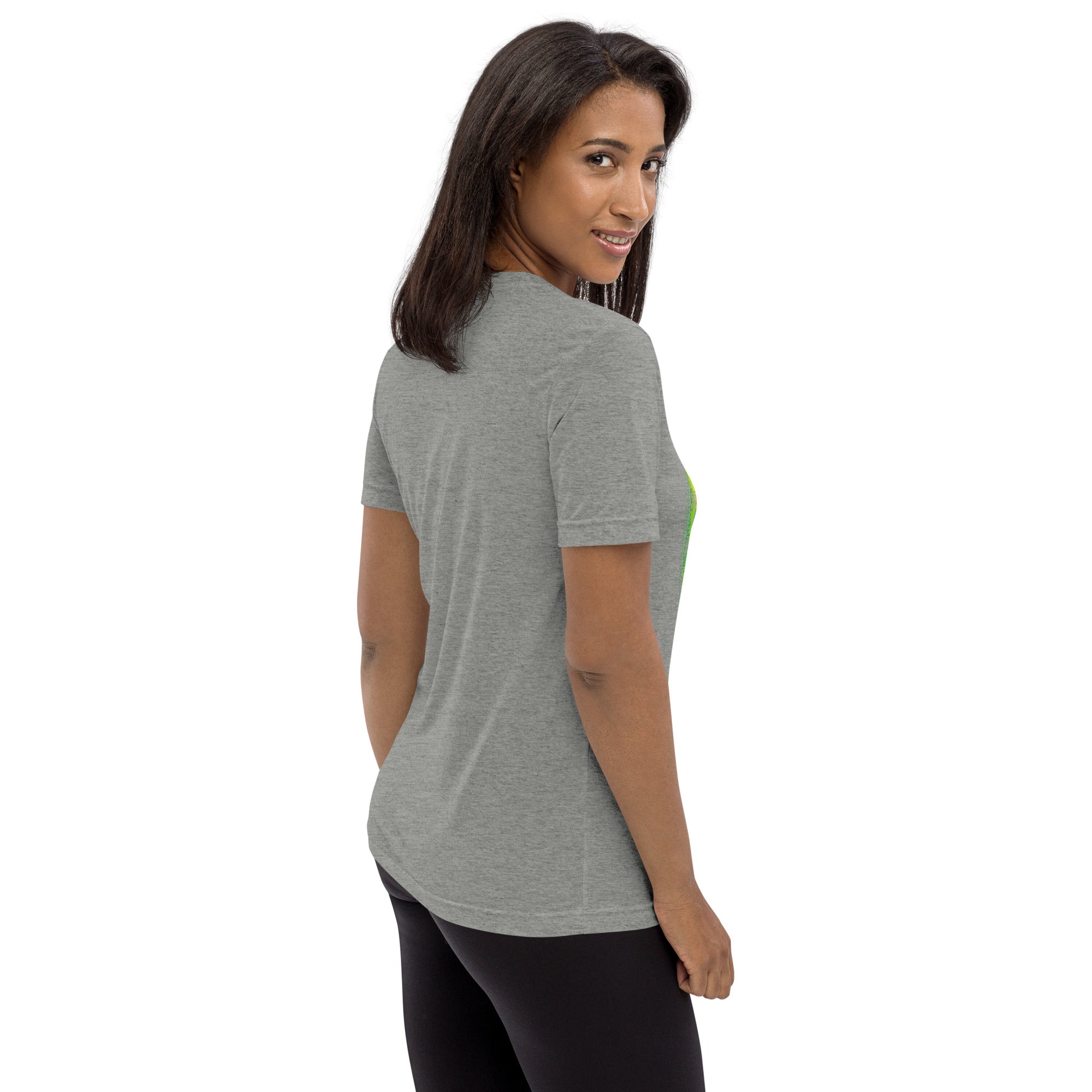 PeaMac Pickleball Tees Matrix Burst Pickleball T-Shirt in athletic grey with retro court graphic, unisex tri-blend fabric, right-back view