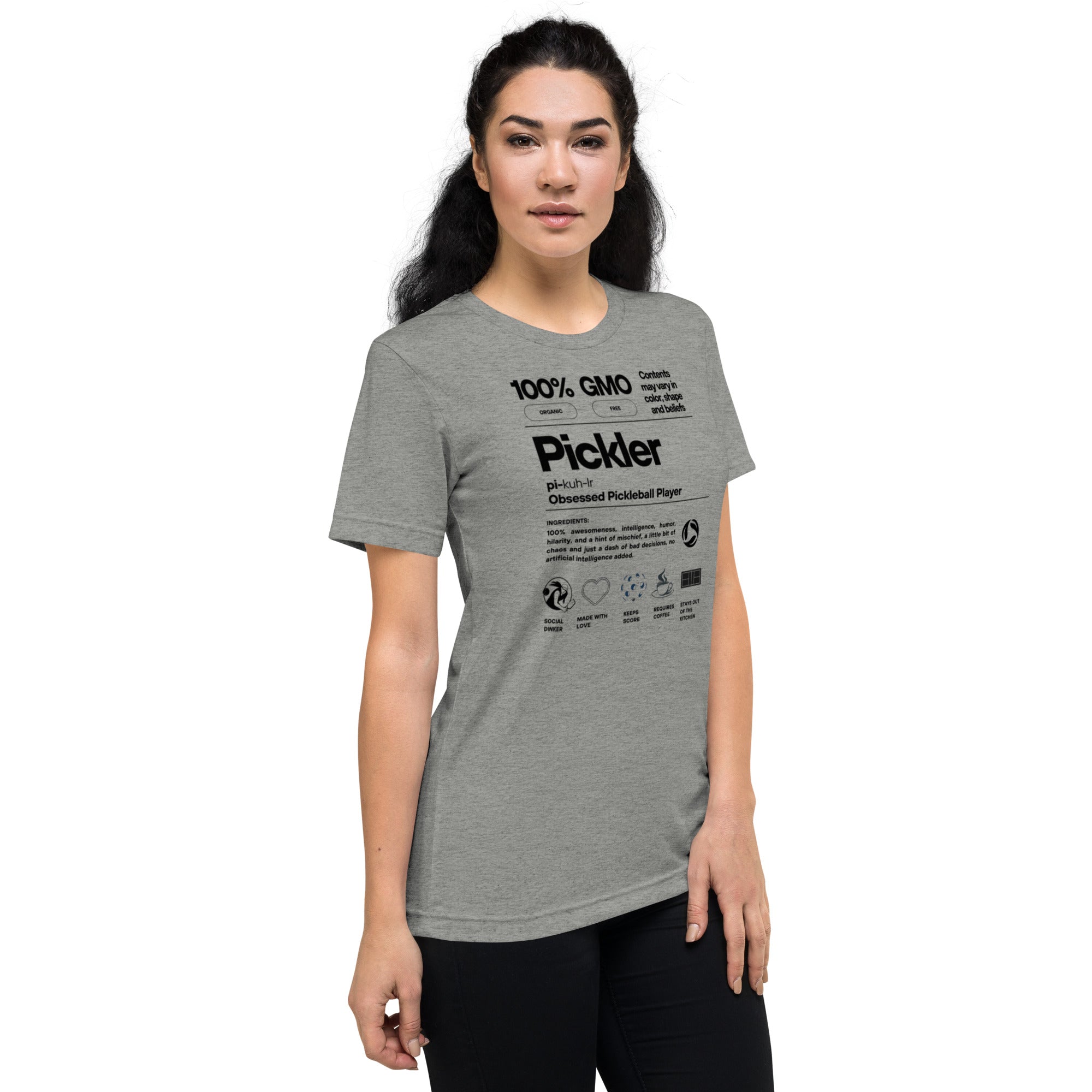 Women's Pickler Funny Definitions T-Shirt by PeaMac Pickleball Tees, lightweight athletic grey tri-blend fabric, right-front view.