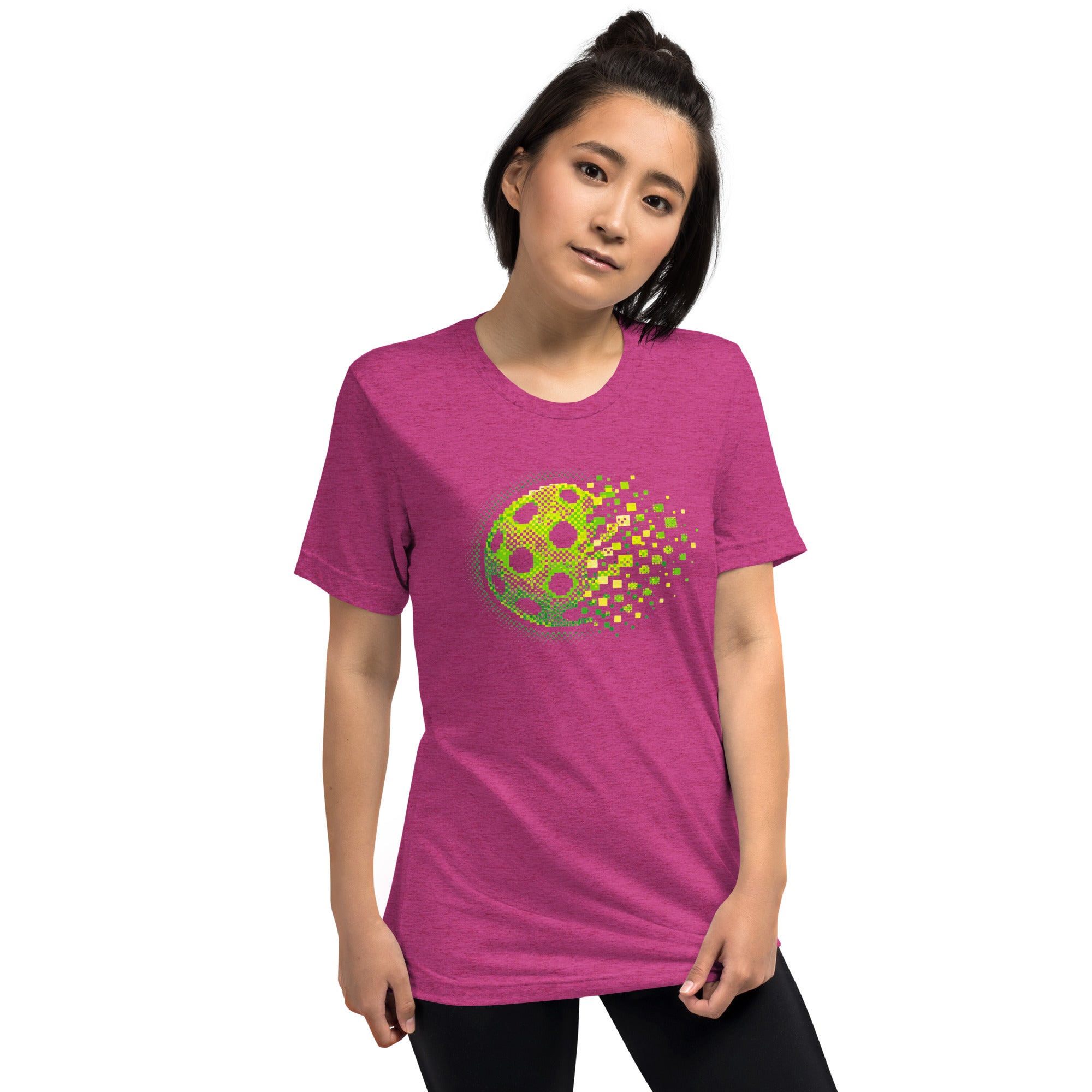 Unisex green Matrix Burst Pickleball Tee by PeaMac with retro court graphic, made from tri-blend fabric, front view.