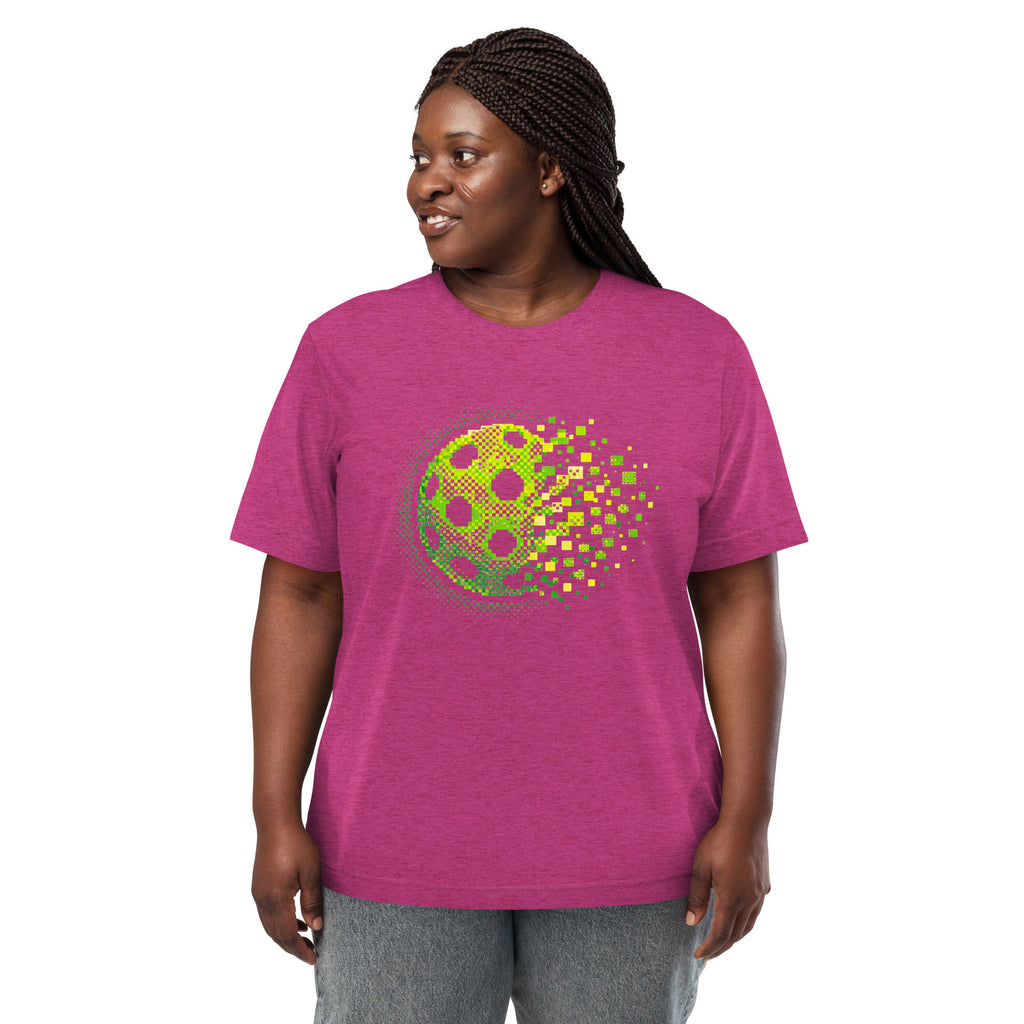 PeaMac Pickleball Tees Matrix Burst Pickleball T-Shirt with Retro Court Graphic in green, unisex tri-blend fabric, front view.