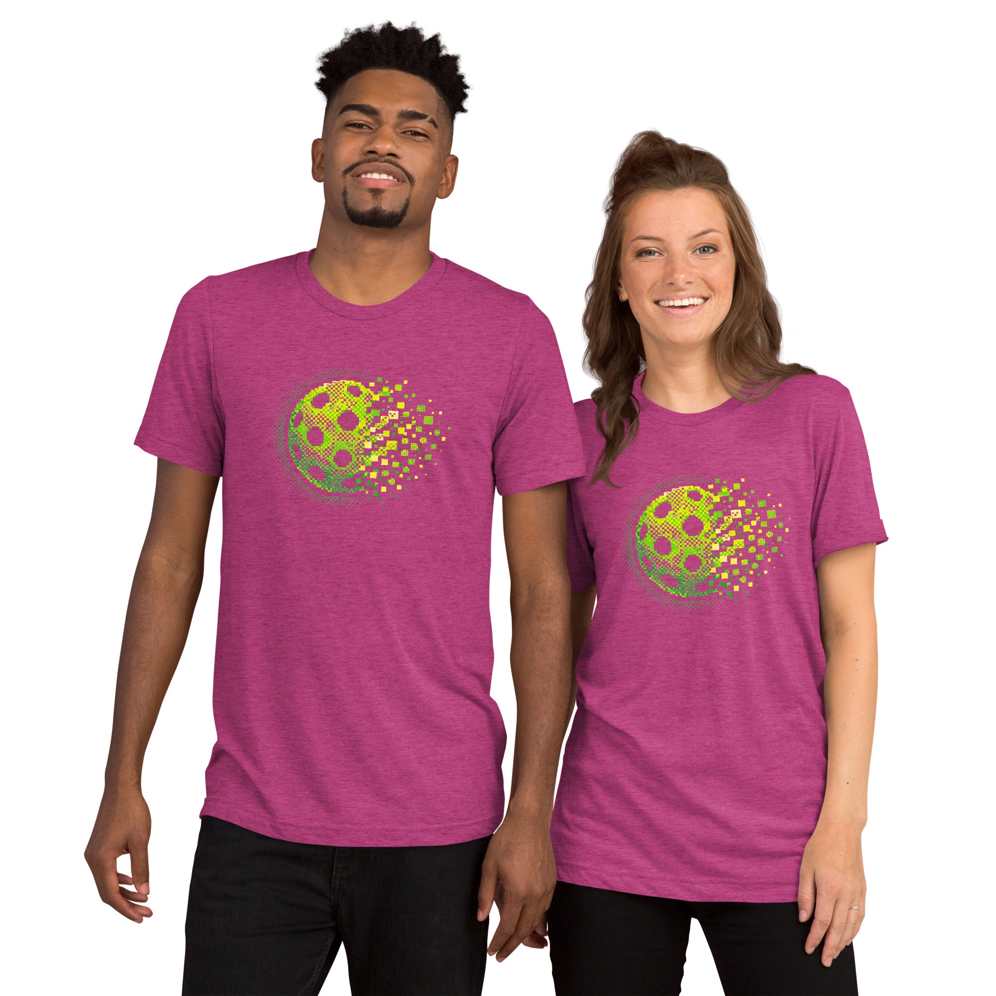PeaMac Pickleball Tees Matrix Burst Pickleball T-Shirt with retro court graphic, unisex tri-blend fabric, berry color, front view.