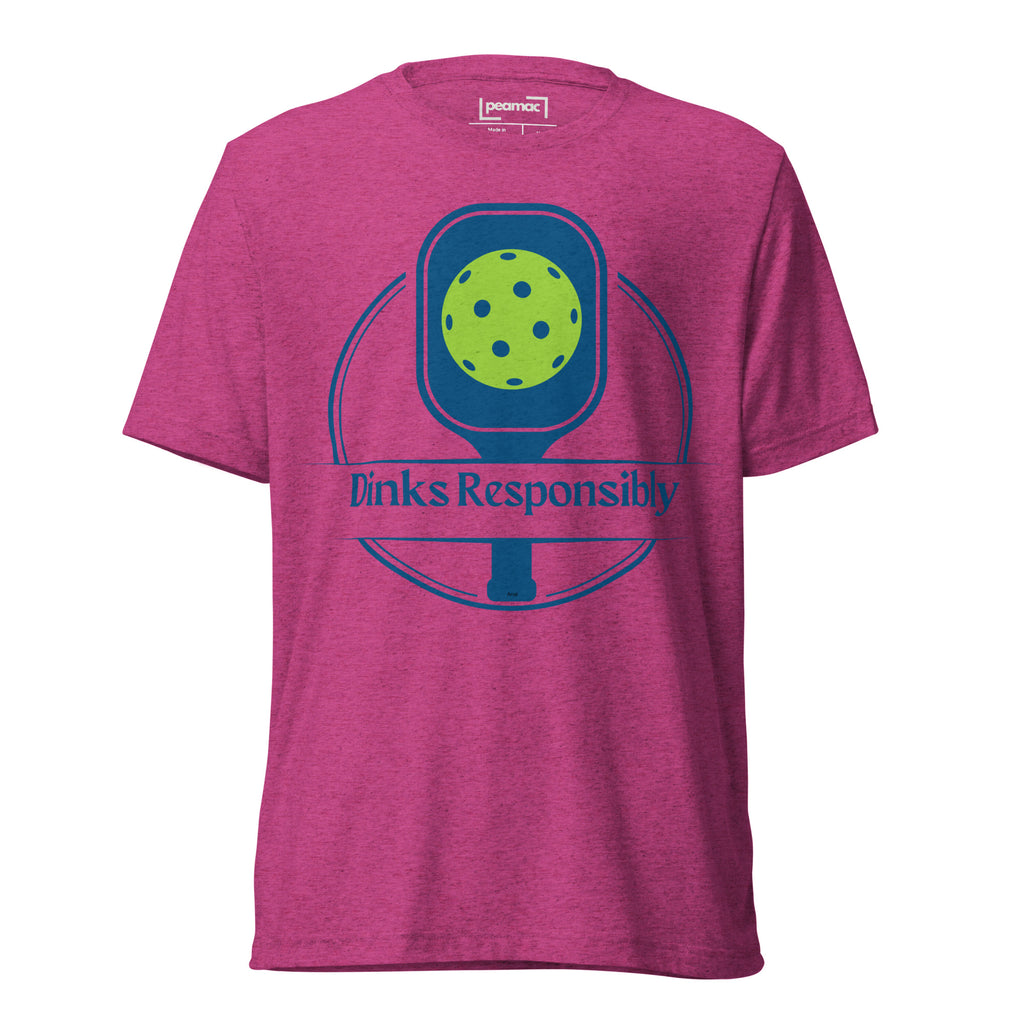 Unisex berry-colored tri-blend T-shirt featuring a playful pickleball paddle and ball graphic, from PeaMac Pickleball Tees.