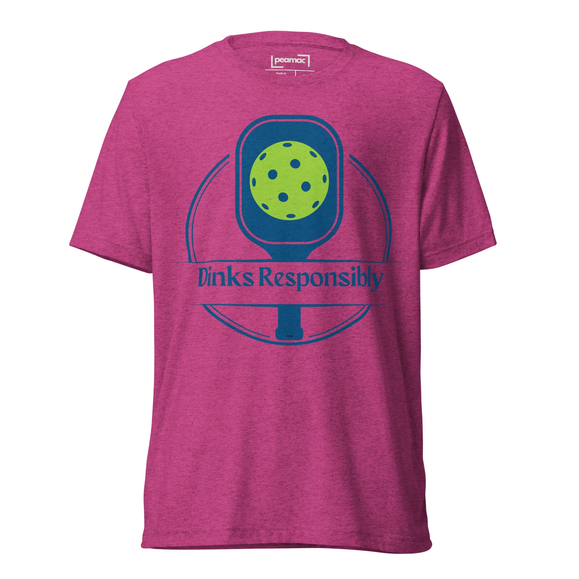 Unisex berry-colored tri-blend T-shirt featuring a playful pickleball paddle and ball graphic, from PeaMac Pickleball Tees.