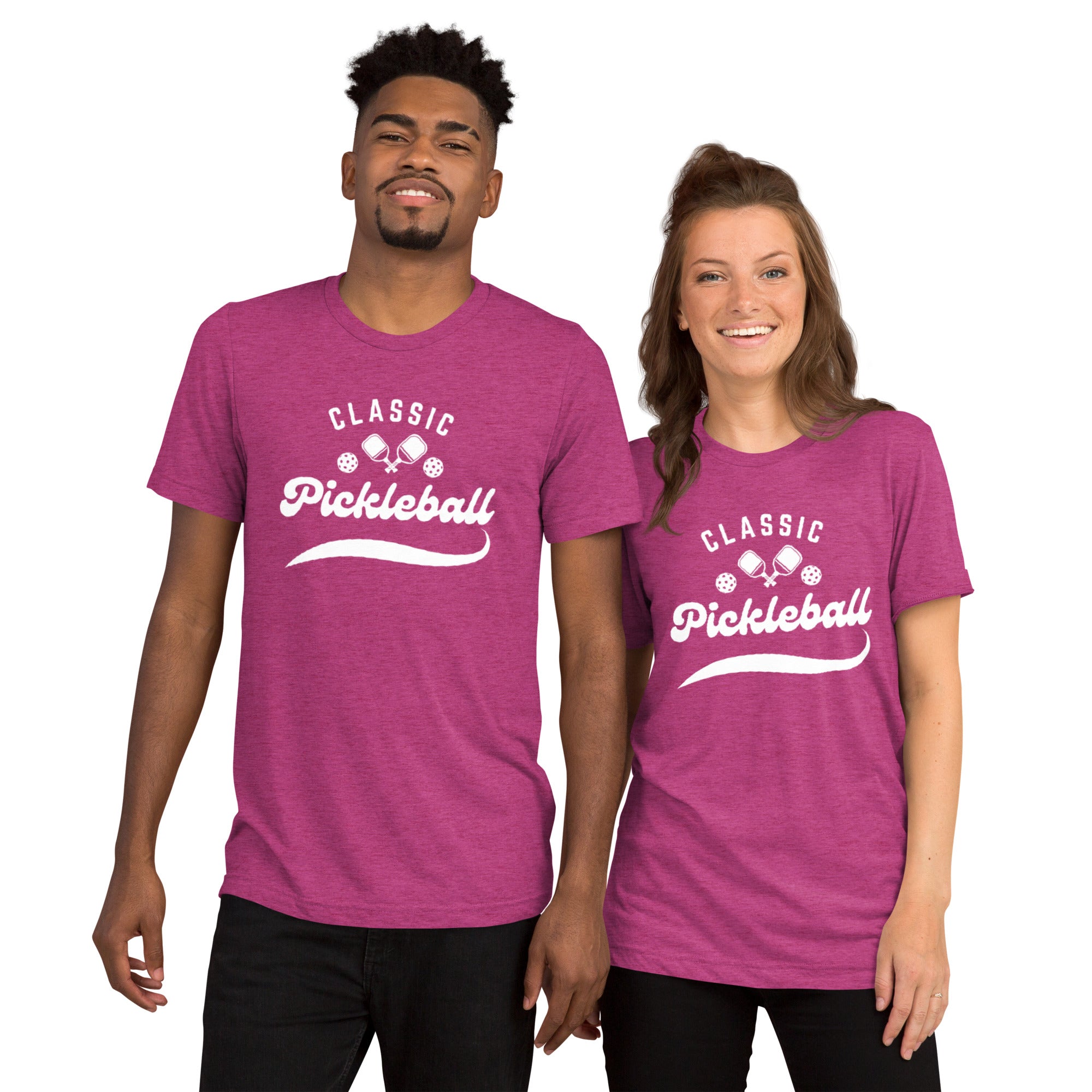 White unisex Tri-Blend T-Shirt with Classic Pickleball Script Design by PeaMac Pickleball Tees, front view showing the logo.