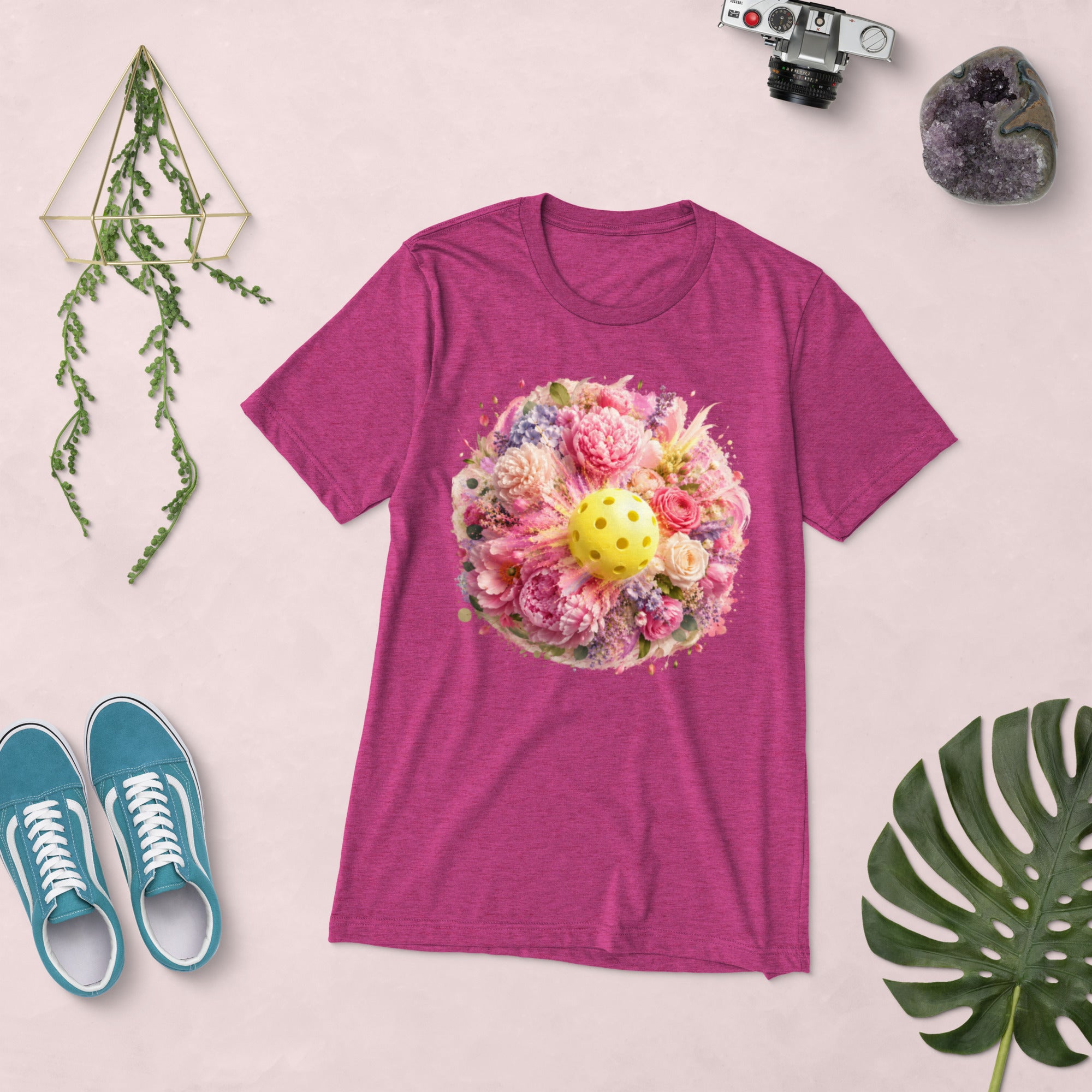 PeaMac Pickleball Peony Pickleball Tee, unisex triblend T-shirt in berry color, front view showing logo and comfortable fit