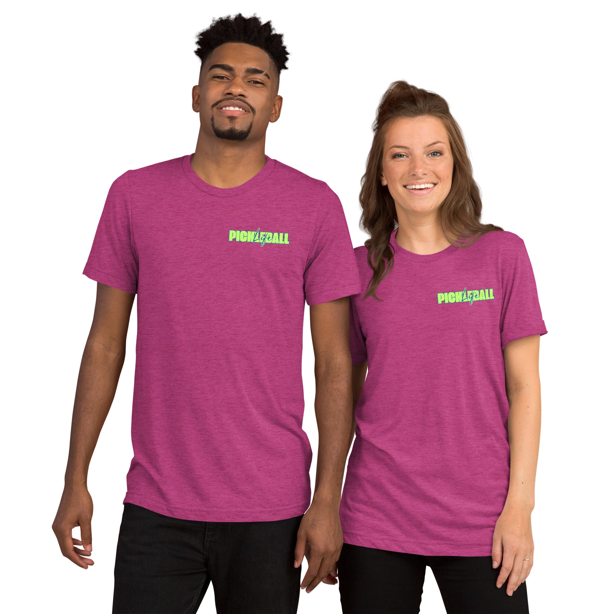 Unisex Pickleball Life T-Shirt by PeaMac Pickleball Tees in bold green and blue tri-blend fabric with graphic front design.