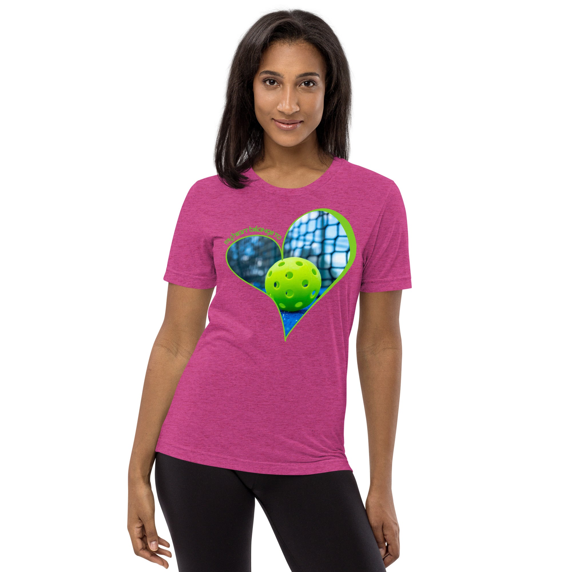 Unisex berry-colored tri-blend T-shirt with "My Heart Belongs to Pickleball" print, perfect for pickleball players and fans by PeaMac Pickleball Tees.