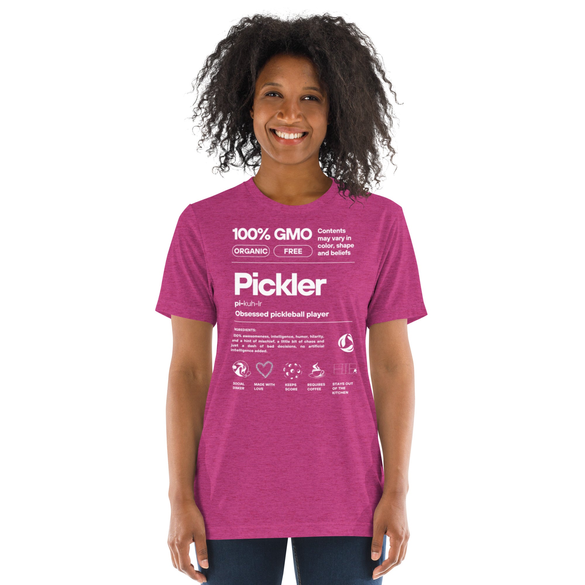 Women's Pickler Funny Definitions T-Shirt by PeaMac Pickleball Tees, lightweight white tri-blend fabric with humorous pickleball text.