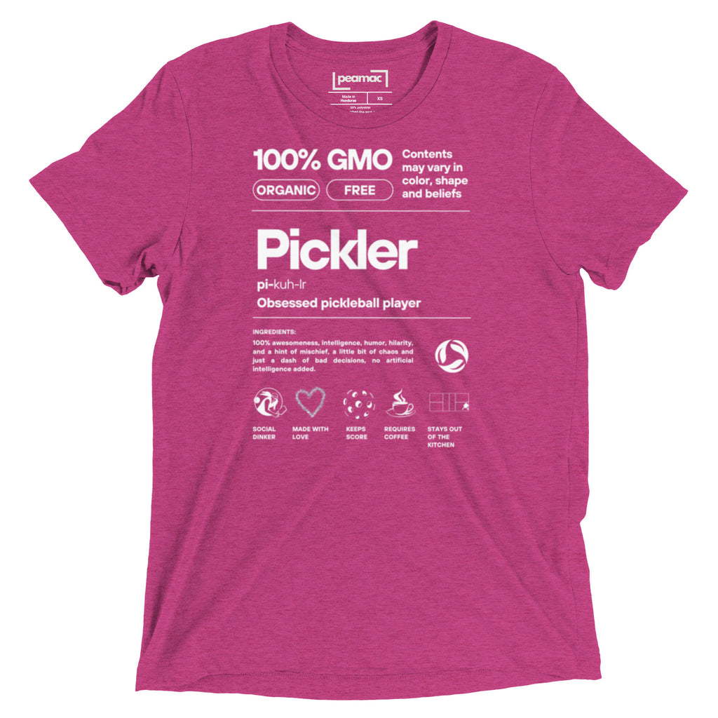 Women's Pickler Funny Definitions T-Shirt by PeaMac Pickleball Tees, lightweight white tri-blend fabric with humorous pickleball text.