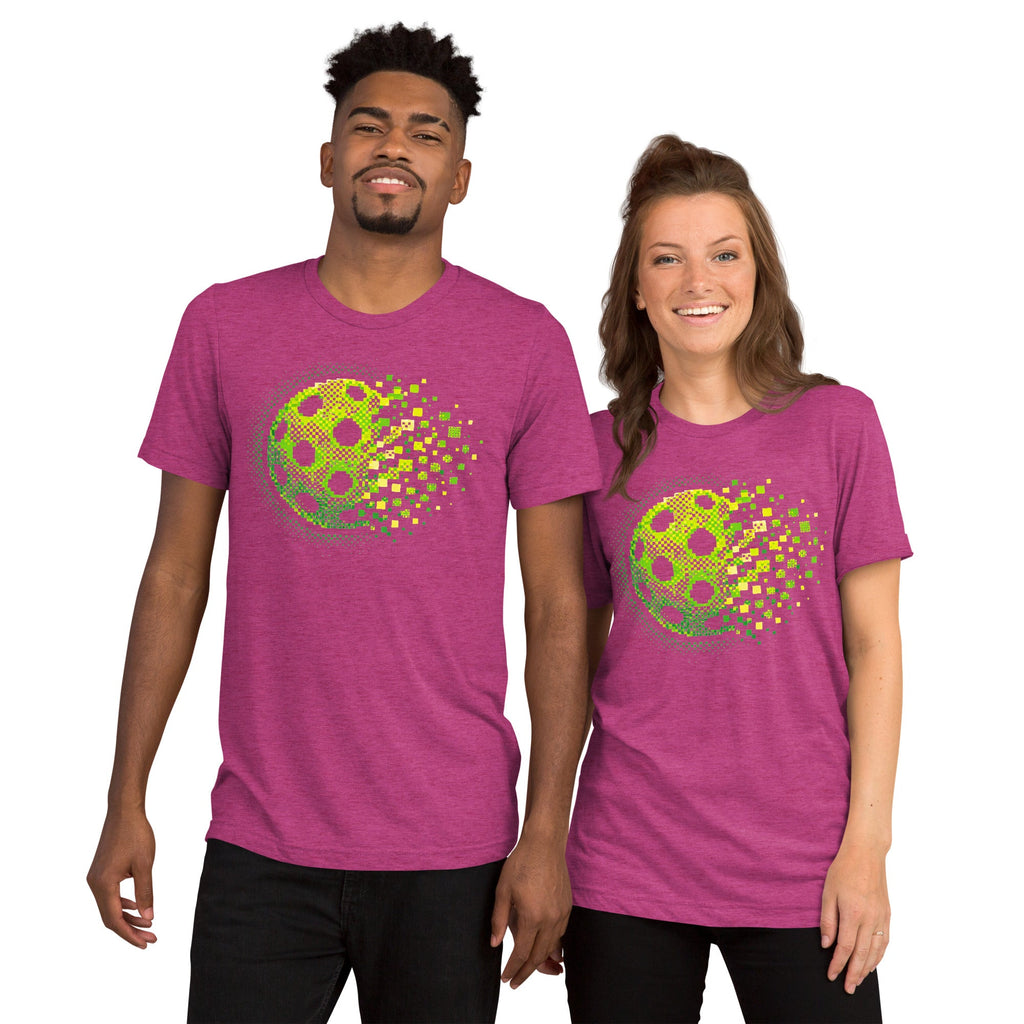 Unisex berry tri-blend T-shirt featuring the Matrix Burst Neo-Green pickleball graphic, by PeaMac Pickleball Tees.