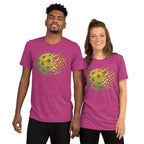 Unisex berry tri-blend T-shirt featuring the Matrix Burst Neo-Green pickleball graphic, by PeaMac Pickleball Tees.