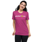 Toronto PickleTOwn T-Shirt — The 6ix Pickleball Tee with CN Tower & Pickleball 'O' - Berry - Front - PeaMacTees