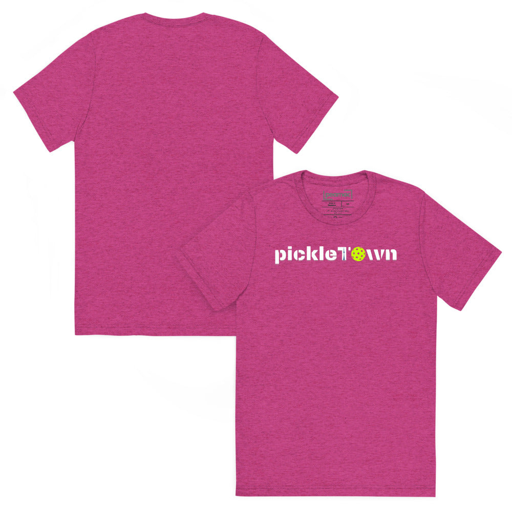 Toronto PickleTOwn T-Shirt — The 6ix Pickleball Tee with CN Tower & Pickleball 'O' - Berry - Front And Back - PeaMacTees