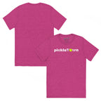 Toronto PickleTOwn T-Shirt — The 6ix Pickleball Tee with CN Tower & Pickleball 'O' - Berry - Front And Back - PeaMacTees