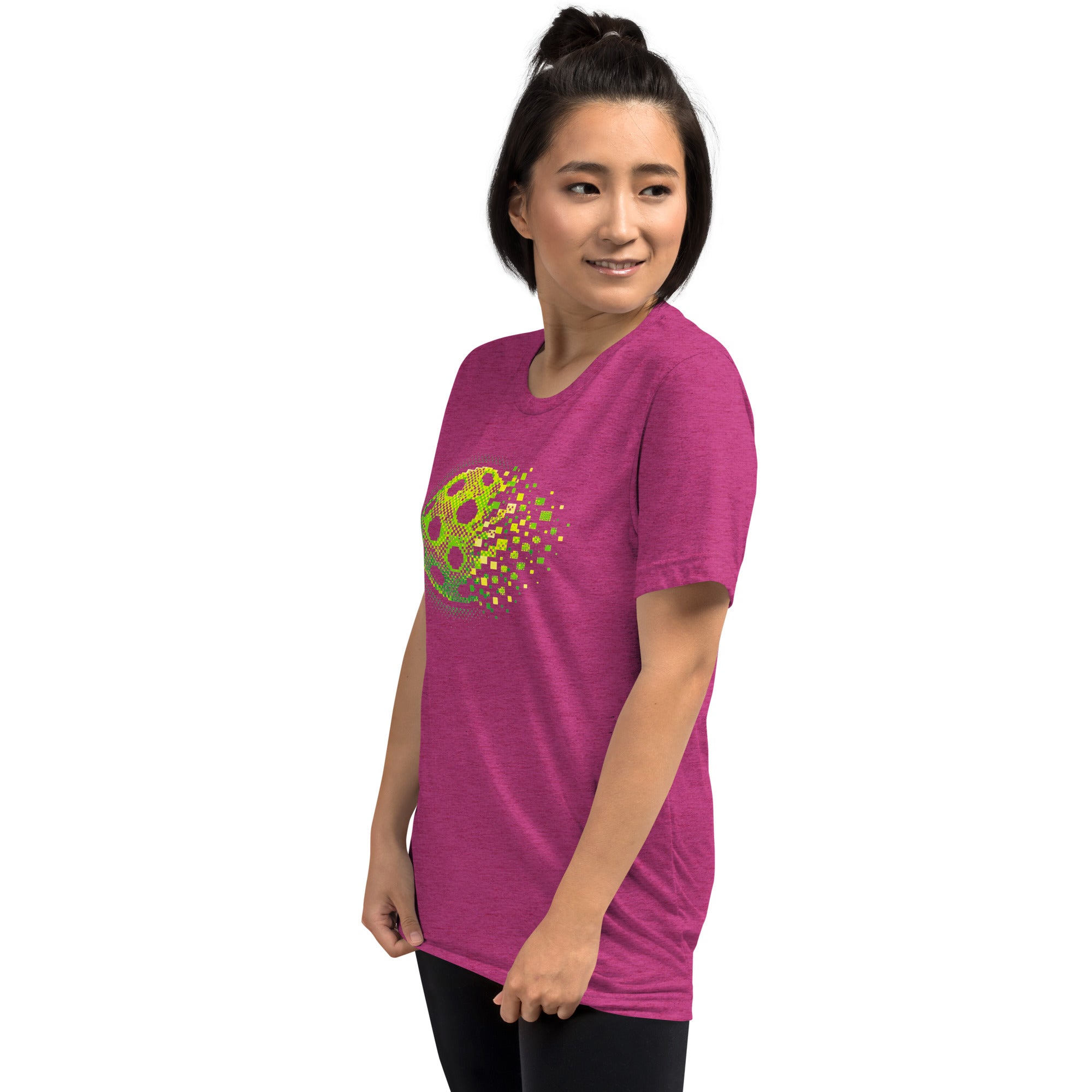 PeaMac Pickleball Tee, unisex tri-blend t-shirt with retro court graphic in green, front view, casual pickleball sportswear.