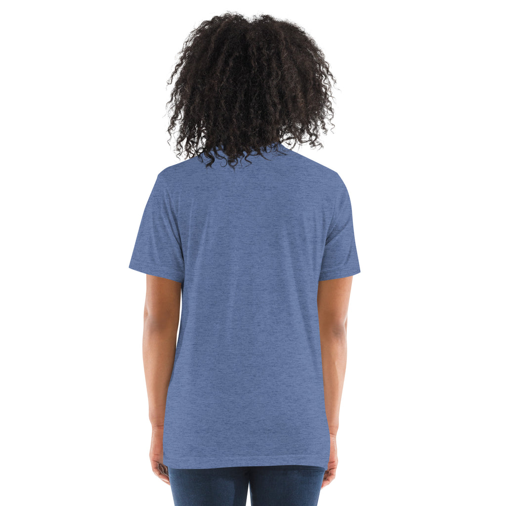Unisex PeaMac Pickleball T-Shirt in blue with tri-blend fabric, featuring the back design, perfect for pickleball enthusiasts.