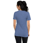 Unisex blue tri-blend T-shirt featuring a retro court graphic design, ideal for pickleball players, by PeaMac Pickleball Tees.