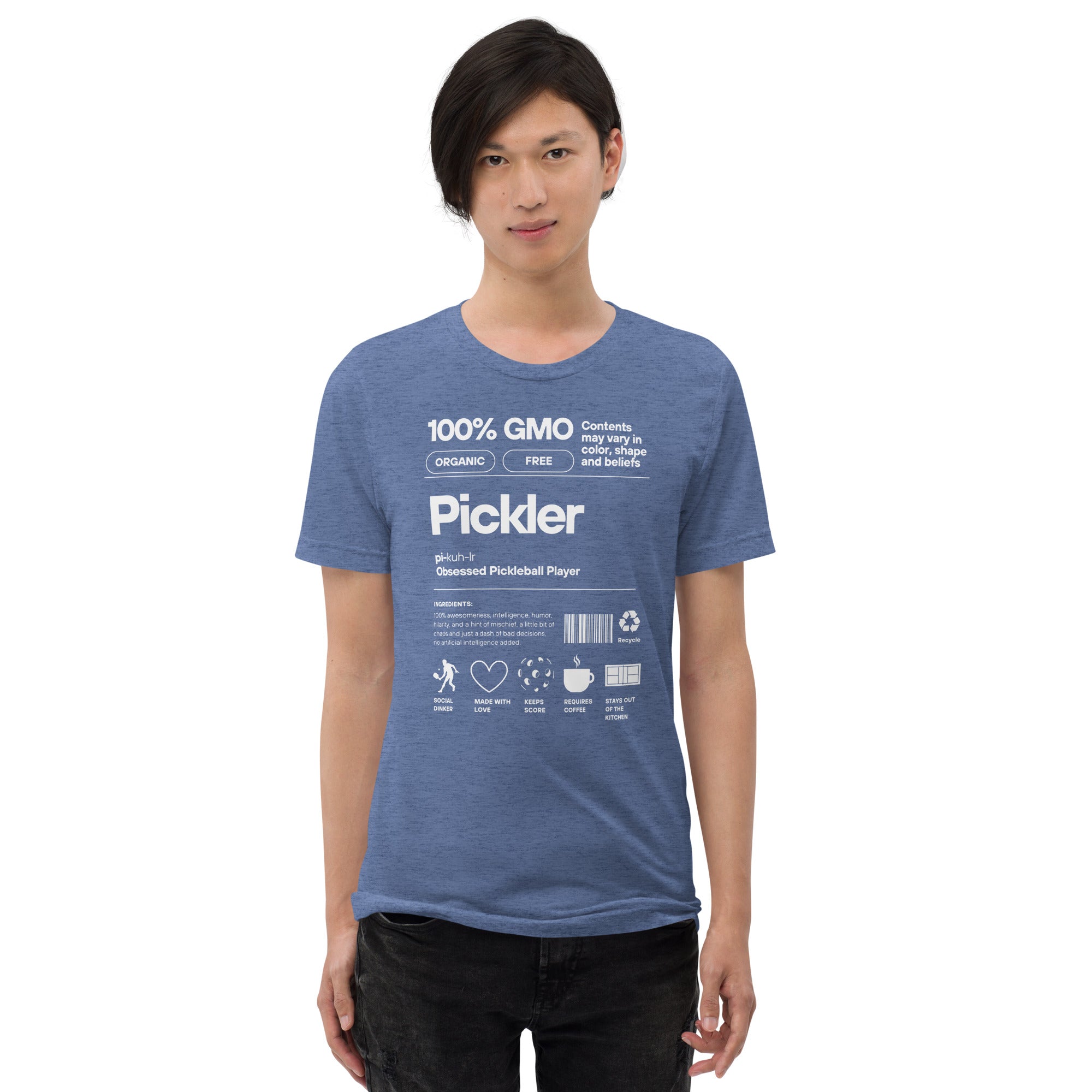 Blue men's Pickler Funny Definitions T-shirt by PeaMac Pickleball Tees, featuring a unisex tri-blend fabric and humorous pickleball design