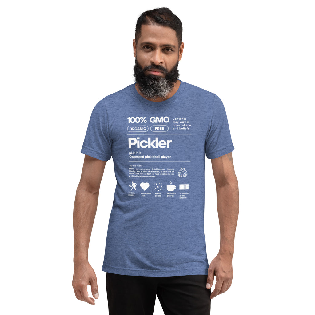 Men's blue Pickler Funny Definitions T-Shirt by PeaMac Pickleball Tees, unisex tri-blend activewear with front design.