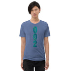 PeaMac Pickleball Tees unisex tri-blend performance T-shirt in blue with front graphic design, perfect for pickleball players.