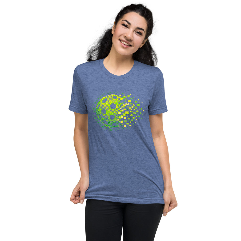 Unisex green Matrix Burst Pickleball Tee with retro court graphic, made by PeaMac Pickleball Tees, front view on blue tri-blend fabric.