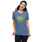 Unisex green Matrix Burst Pickleball Tee with retro court graphic, made by PeaMac Pickleball Tees, front view on blue tri-blend fabric.