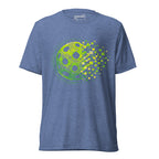 PeaMac Pickleball Tees Matrix Burst Pickleball T-Shirt, unisex tri-blend fabric, blue color with retro court graphic design.