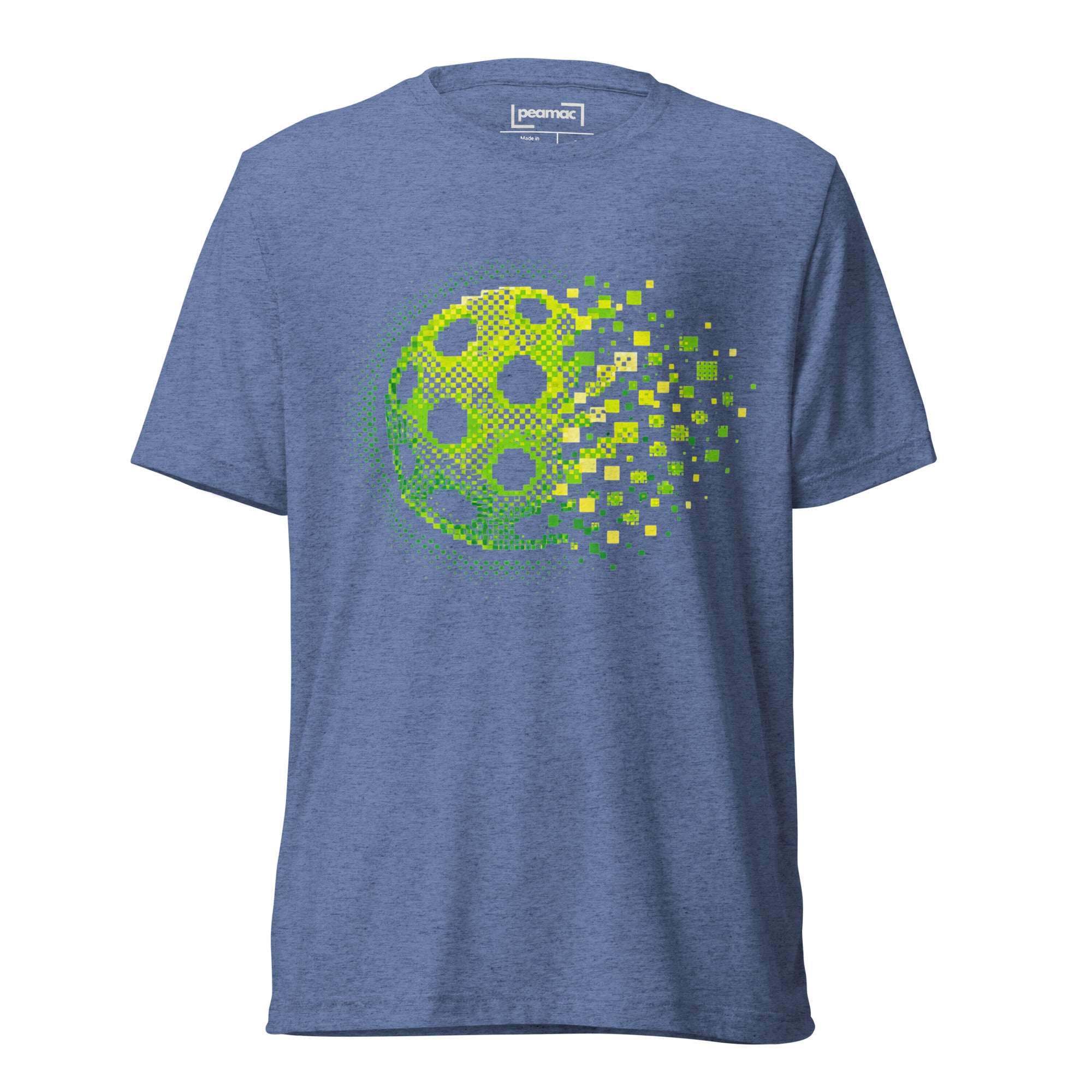 PeaMac Pickleball Tees Matrix Burst Pickleball T-Shirt, unisex tri-blend fabric, blue color with retro court graphic design.