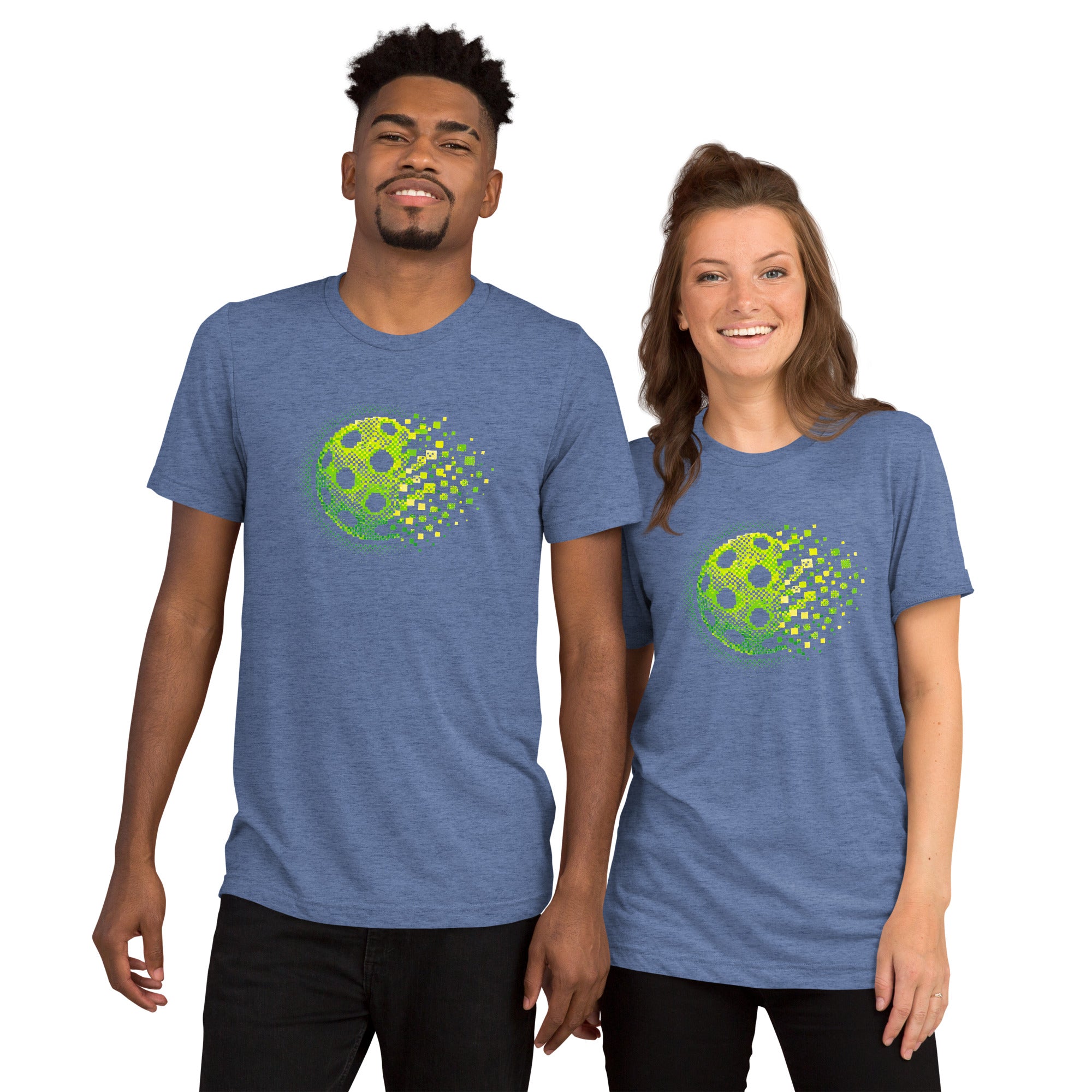 Unisex blue tri-blend T-shirt with Retro Court graphic for pickleball, by PeaMac Pickleball Tees, front view.