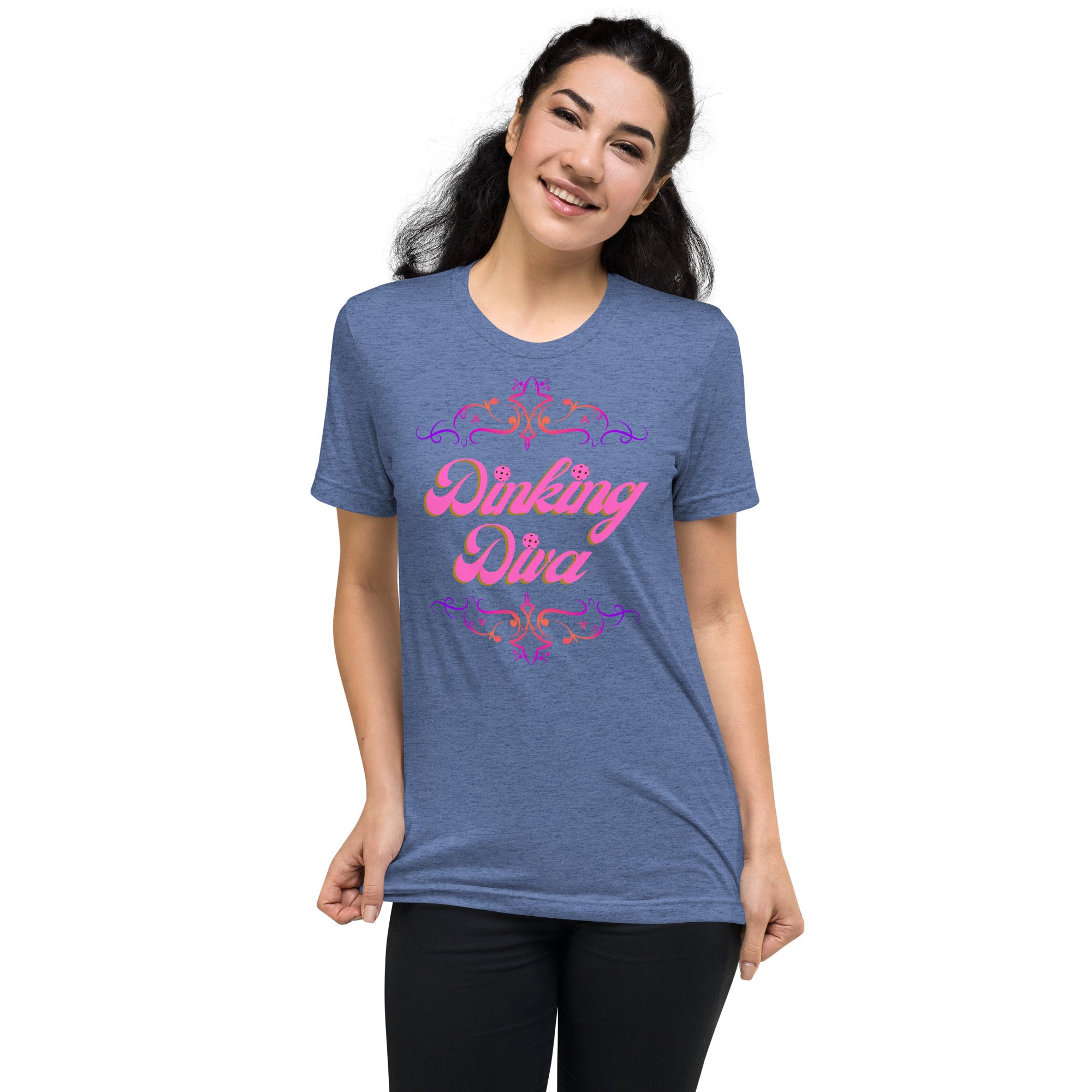 Pink Filigree Dinking Diva pickleball T-shirt by PeaMac Pickleball Tees, unisex tri-blend athletic T-shirt with front design.