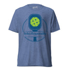 Blue unisex tri-blend pickleball T-shirt with a paddle and ball graphic, featuring the Dinks Responsibly message from PeaMac Pickleball Tees.