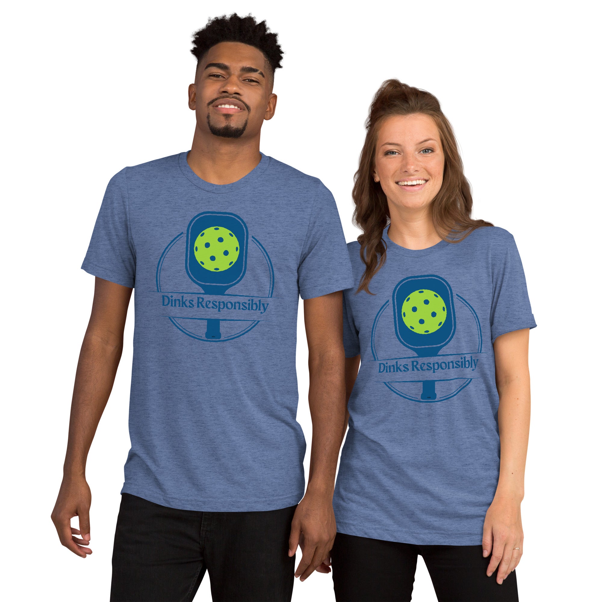 Unisex blue tri-blend T-shirt featuring a pickleball paddle and ball graphic, with "Dinks Responsibly" slogan, by PeaMac Pickleball Tees.