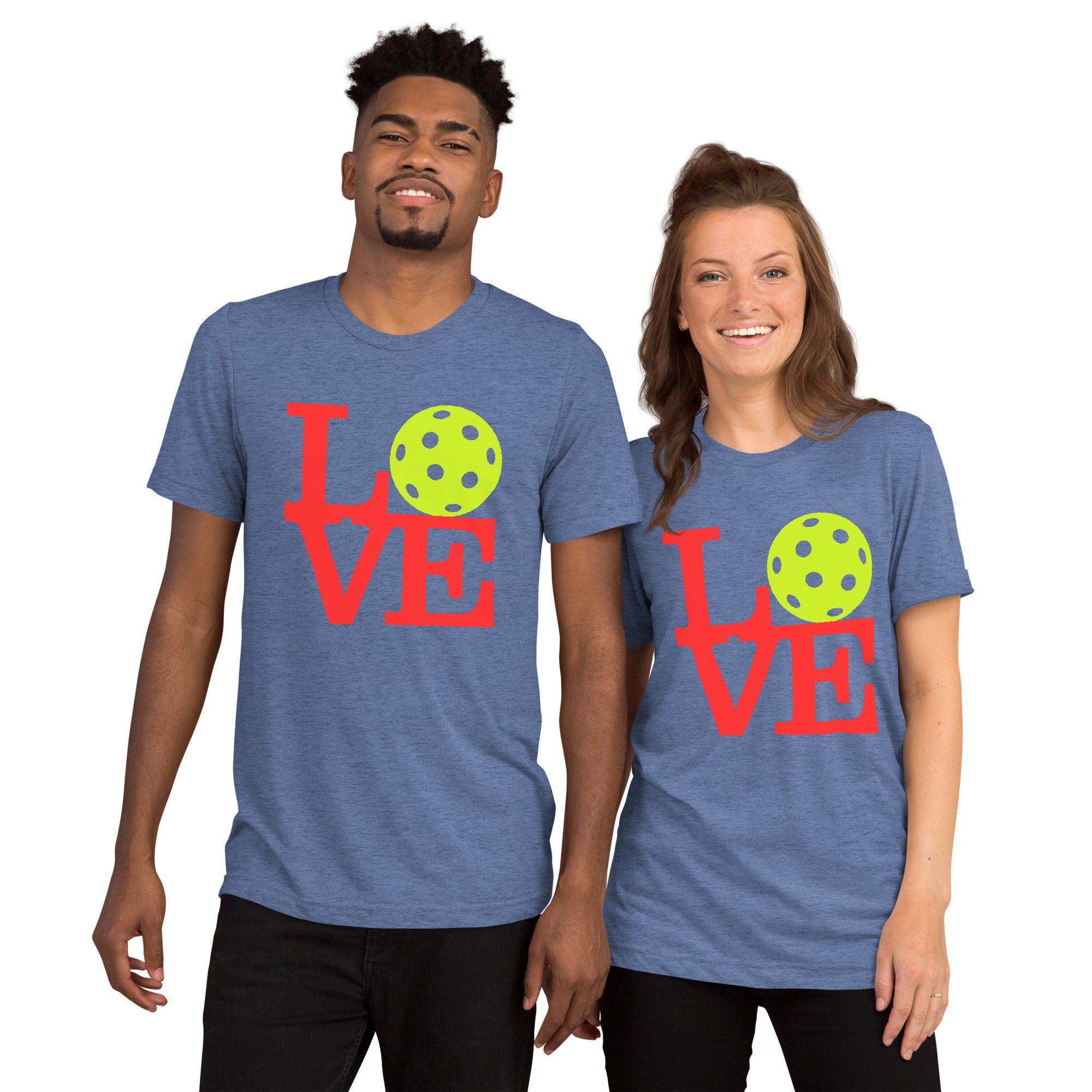 Unisex blue LOVE Pickleball Tee by PeaMac Pickleball Tees, neon pop art design, soft tri-blend fabric, front view.
