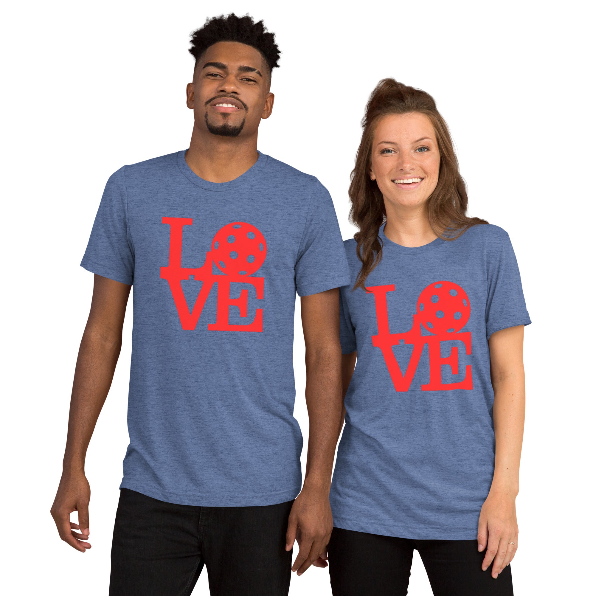 Unisex blue tri-blend T-shirt featuring bold red love pickleball graphic, casual fit, by PeaMac Pickleball Tees.
