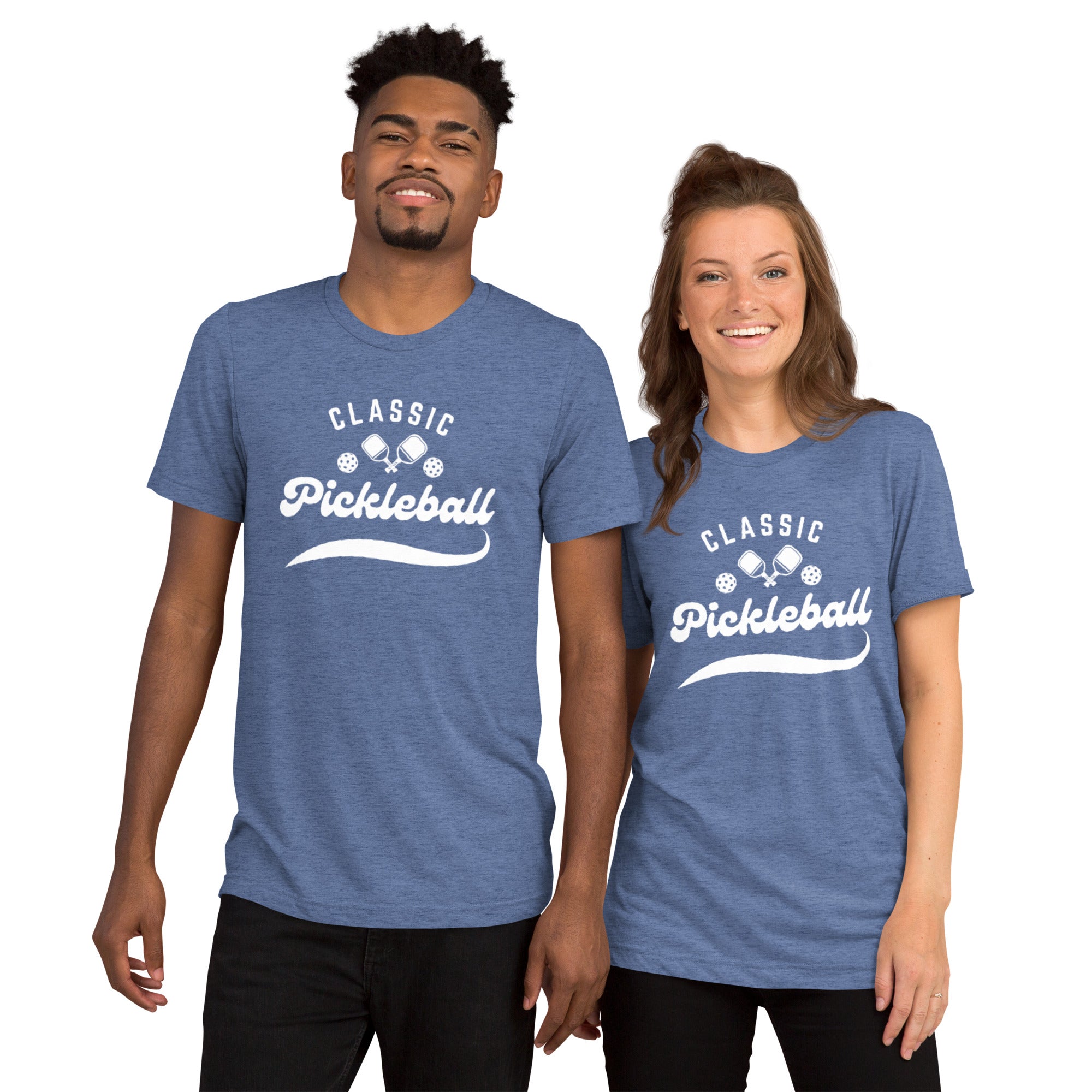 White classic pickleball script design on a premium unisex tri-blend T-shirt by PeaMac Pickleball Tees, shown from the front.