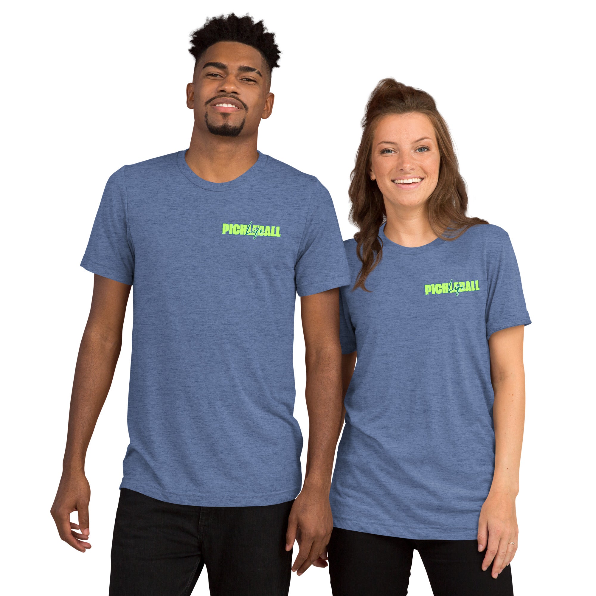 Unisex Pickleball Life T-Shirt by PeaMac in bold green and blue tri-blend fabric with graphic design on front.