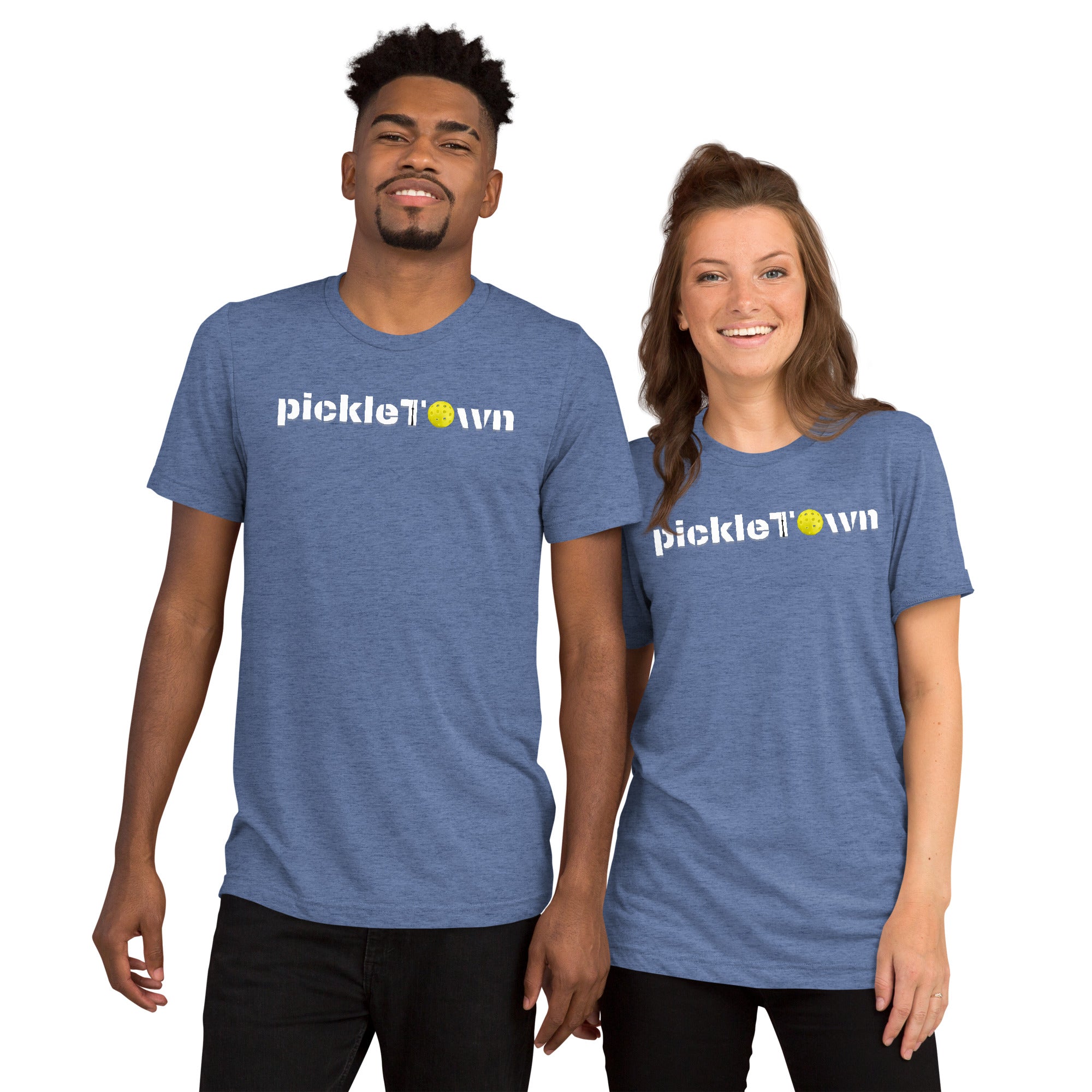 Unisex blue tri-blend T-shirt featuring Toronto skyline, CN Tower, and Pickleball ‘O’ design by PeaMac Pickleball Tees.