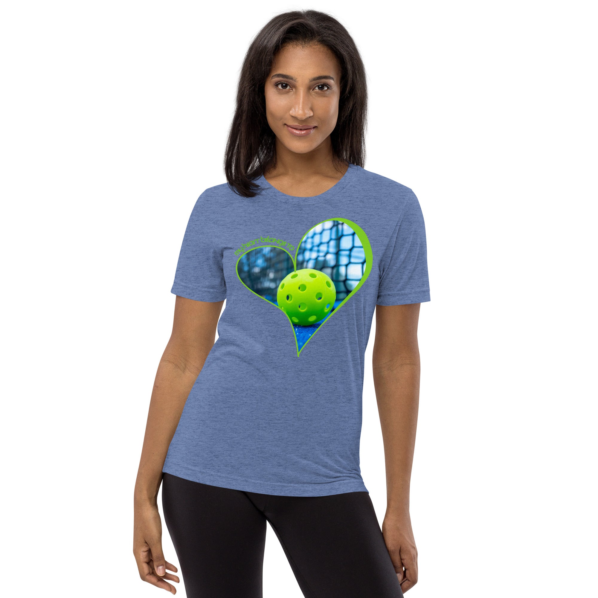 Unisex blue tri-blend pickleball T-shirt from PeaMac Pickleball Tees with "My Heart Belongs to Pickleball" front design.