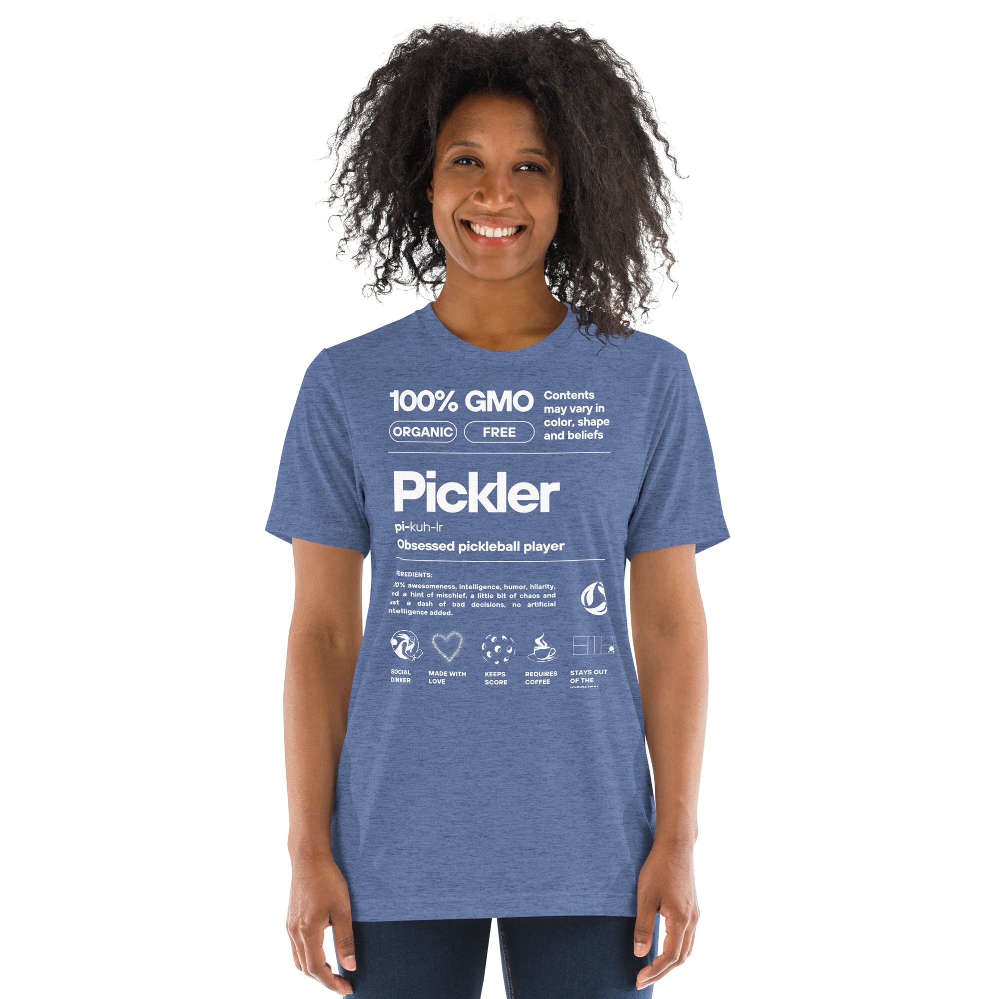 PeaMac Pickleball Tees women's white T-shirt with funny pickleball definitions and lightweight fabric, front view on blue tri-blend fabric.