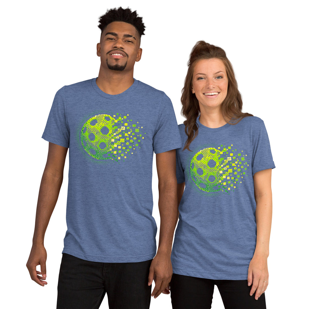 Unisex blue tri-blend T-shirt featuring the Matrix Burst Neo-Green pickleball graphic, by PeaMac Pickleball Tees.
