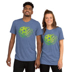 Unisex blue tri-blend T-shirt featuring the Matrix Burst Neo-Green pickleball graphic, by PeaMac Pickleball Tees.