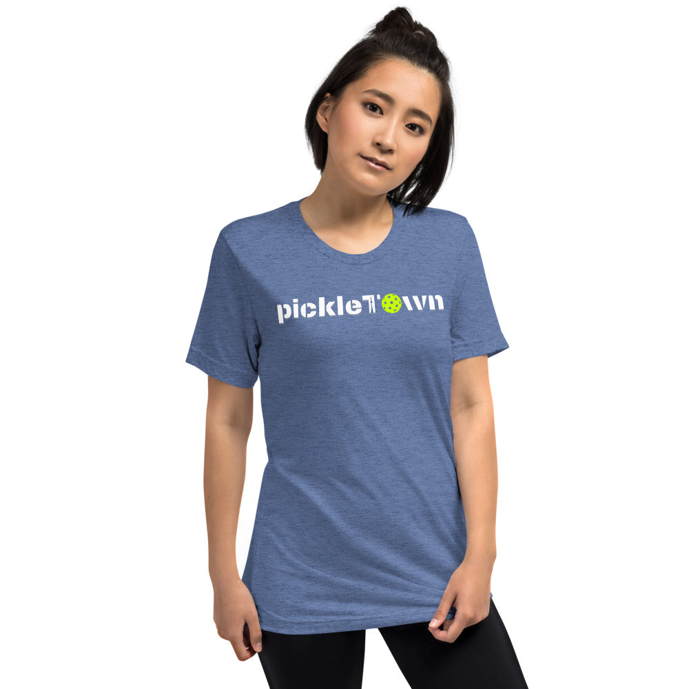 Toronto PickleTOwn T-Shirt — The 6ix Pickleball Tee with CN Tower & Pickleball 'O' - Blue - Front - PeaMacTees