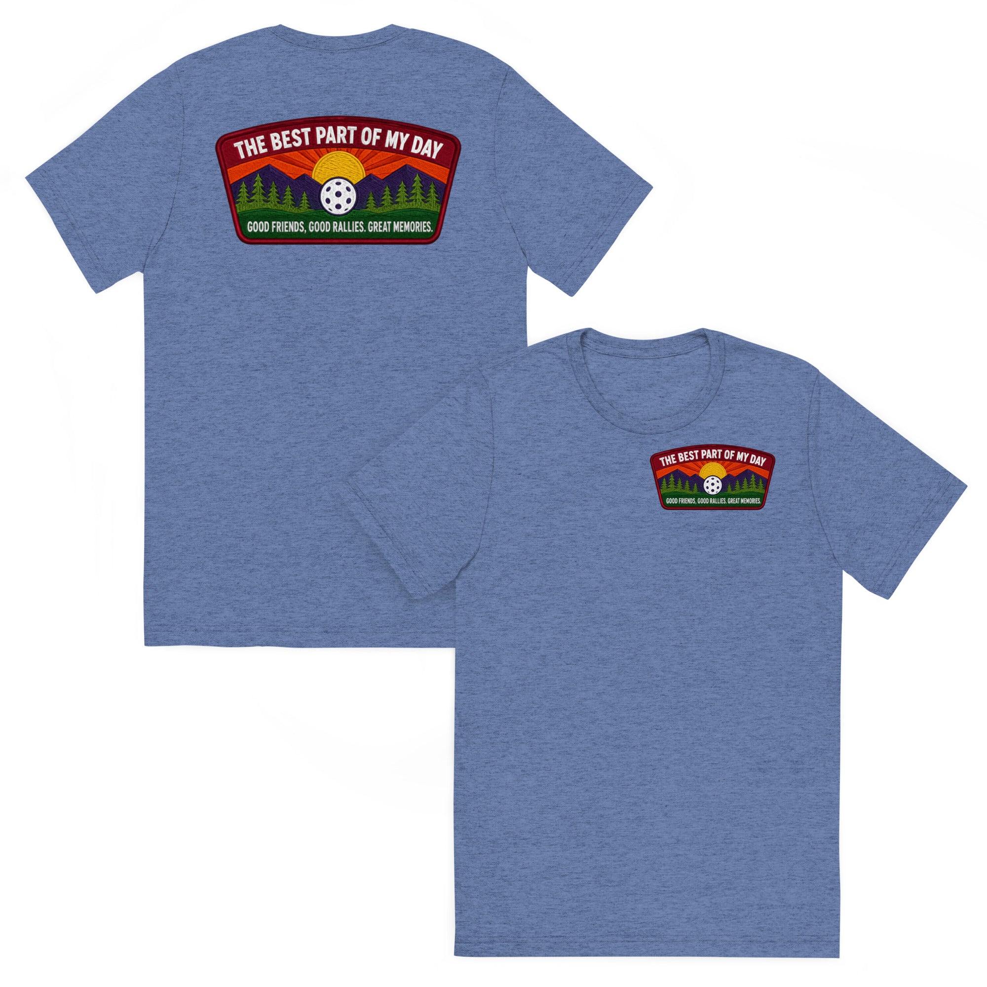 Blue unisex tri-blend pickleball T-shirt by PeaMac Pickleball Tees with front and back design, comfortable and breathable fabric.