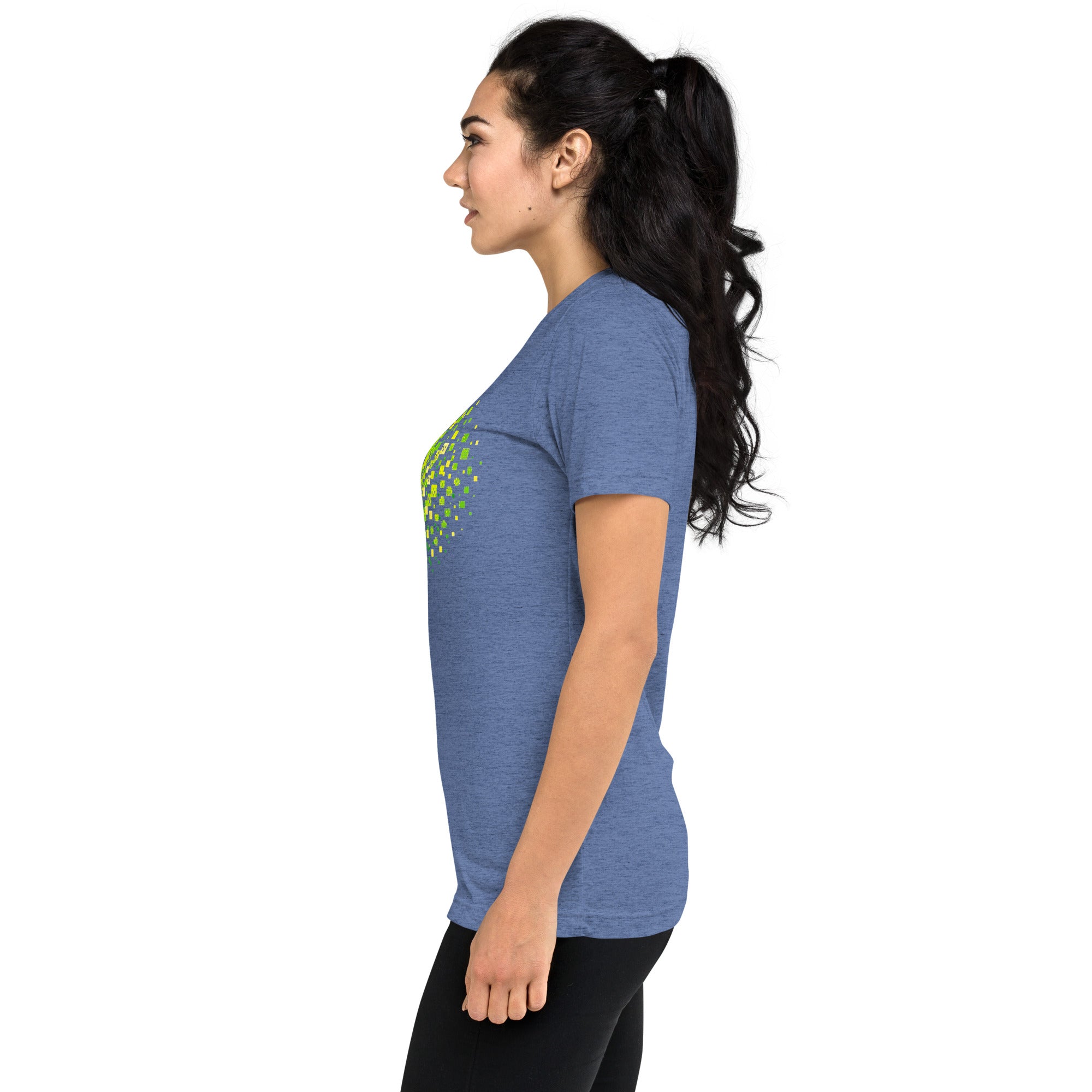 Unisex blue tri-blend T-shirt with retro court graphic and Matrix Burst Pickleball Tee branding, casual pickleball-inspired tee.
