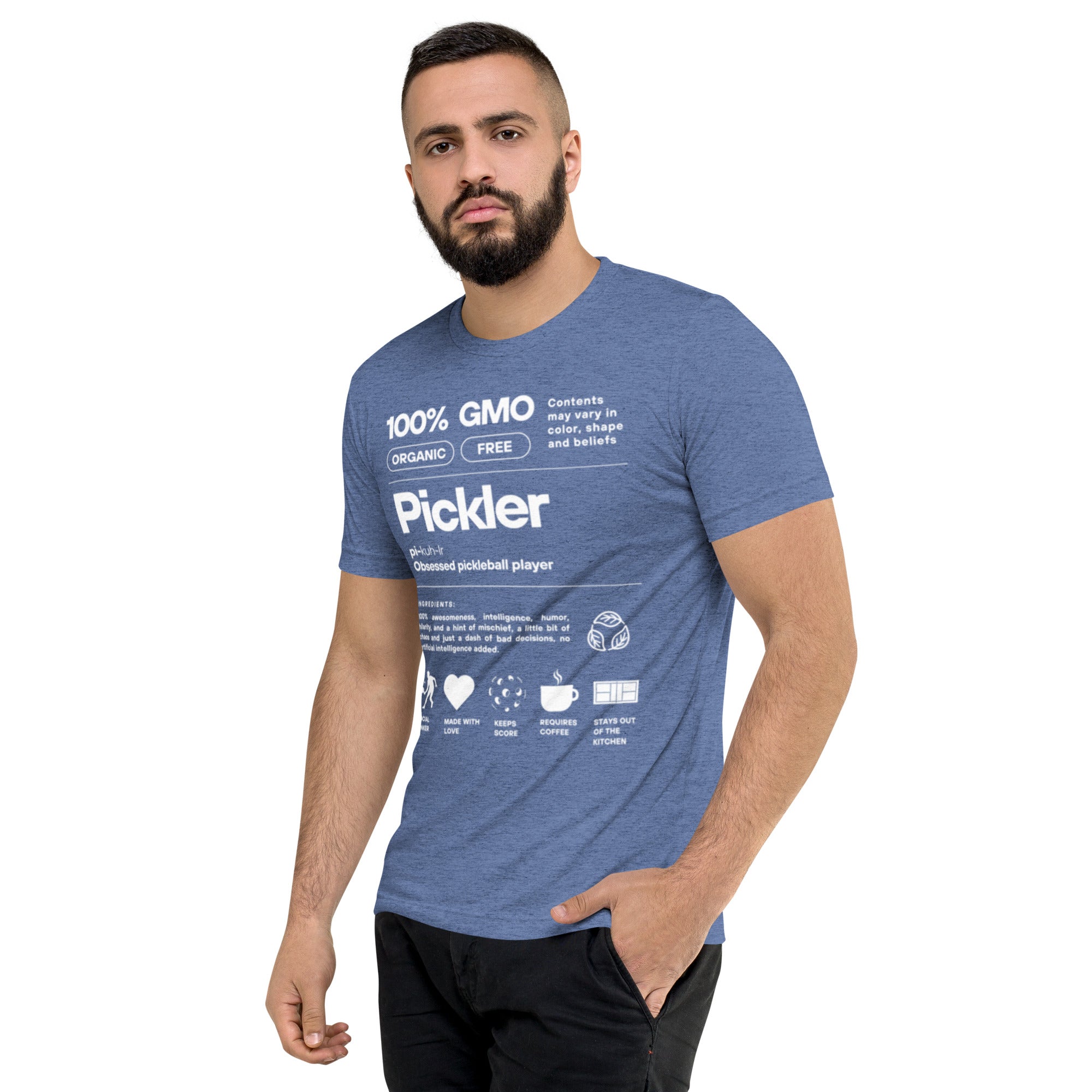 Men's blue Pickler Funny Definitions T-Shirt by PeaMac Pickleball Tees, unisex tri-blend activewear with a left-front design.