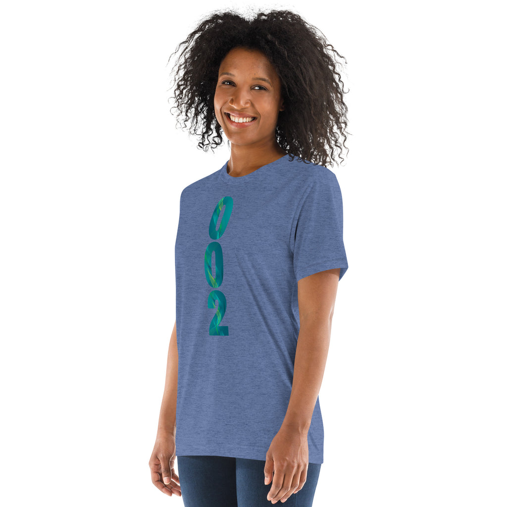 Unisex PeaMac Pickleball T-Shirt in blue tri-blend fabric with front left chest logo, casual sporty style for pickleball players.