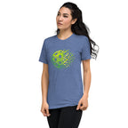 Unisex blue tri-blend T-shirt with Retro Court graphic and PeaMac Pickleball Tees branding, front view.